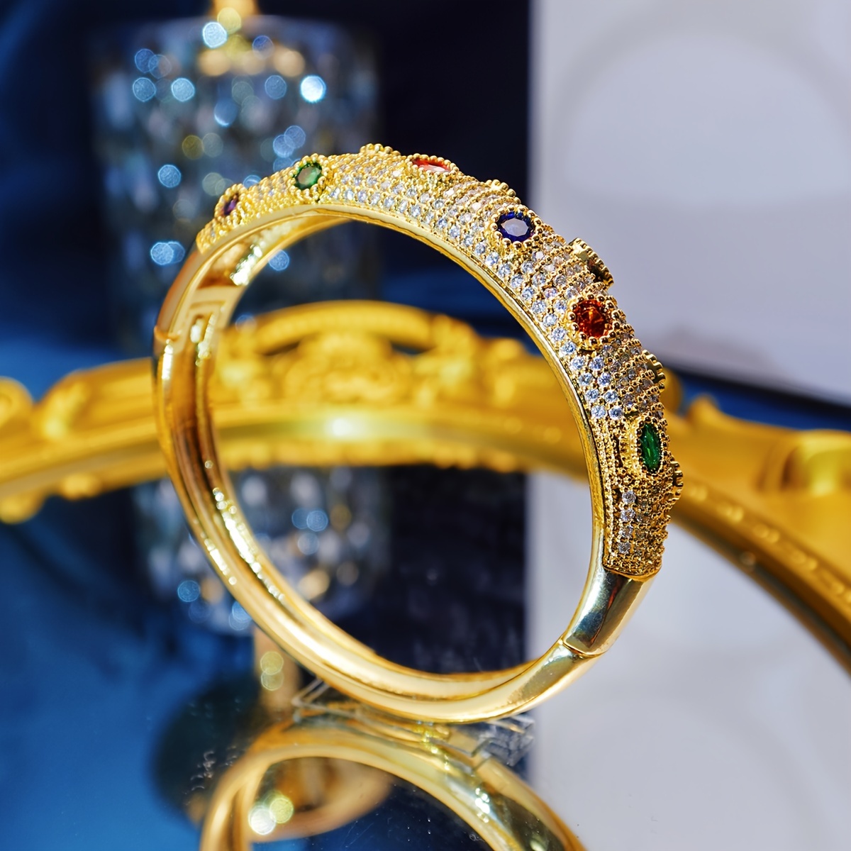 Colorful Zirconia Golden Cuff Bangle for Party